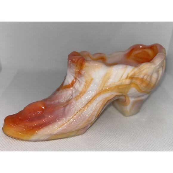 Vintage Kanawha Hand Crafted Cabbage Rose Orange Slag Glass Shoe 6" EC - Picture 1 of 14